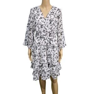 Danny & Nicole White with Black Floral Print Tiered Skirt 3/4 Sleeves Size 10